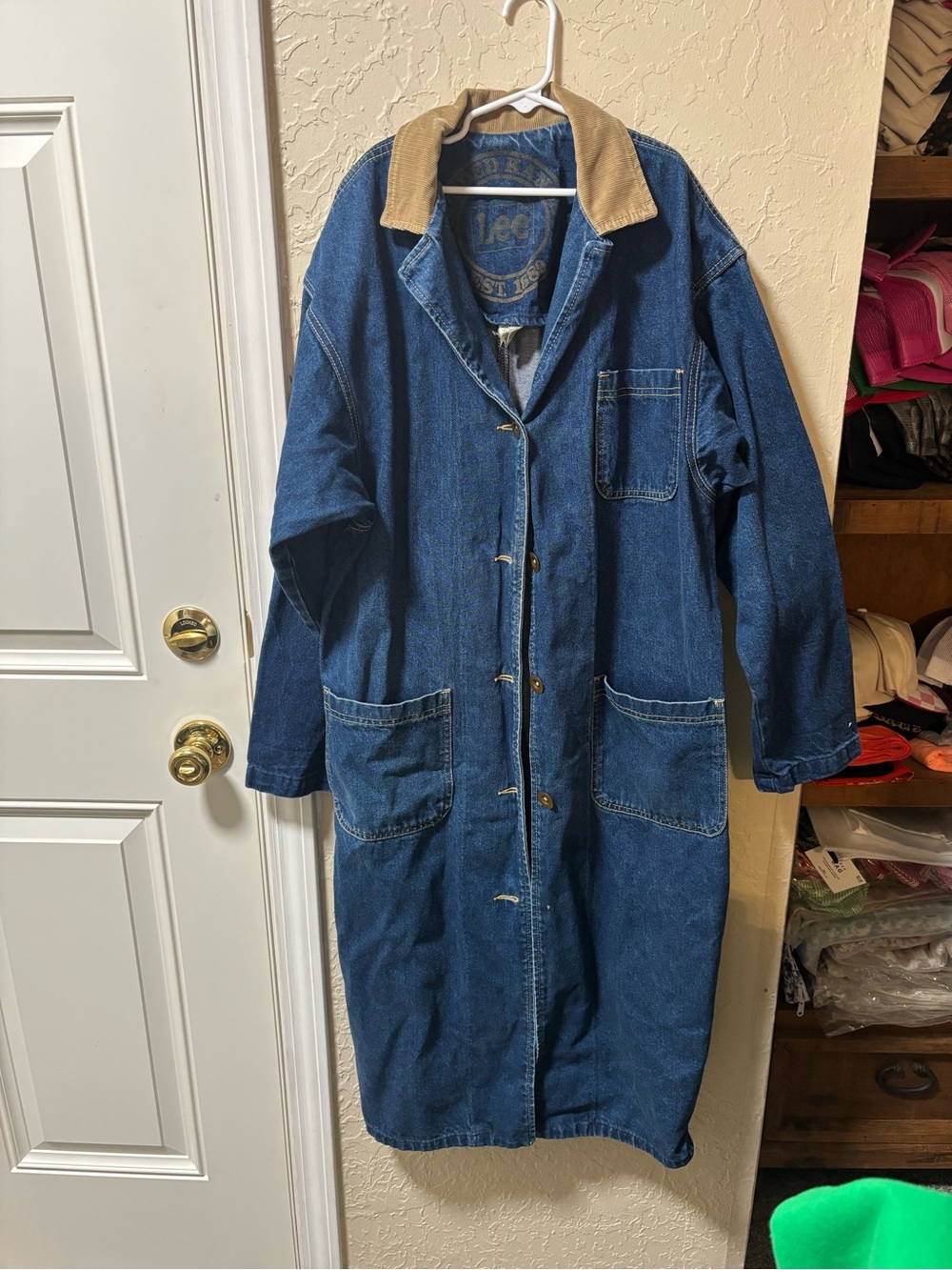 Vintage Lee long Denim Chore Coat with Corduroy Collar